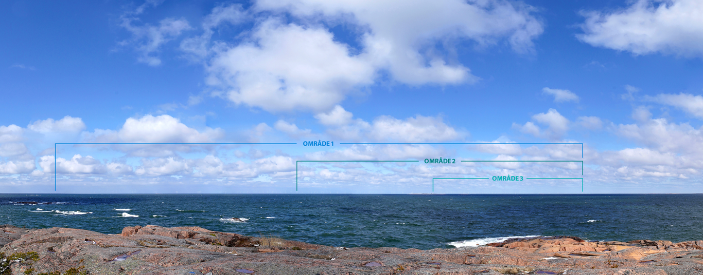 Fotomontage av hur olika alternativa indelningar av Noatun norra påverkar horisontlinjen från havsvidden.